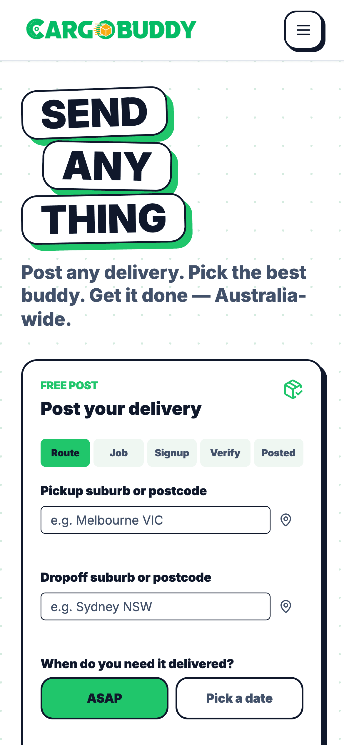 CargoBuddy home page on a phone