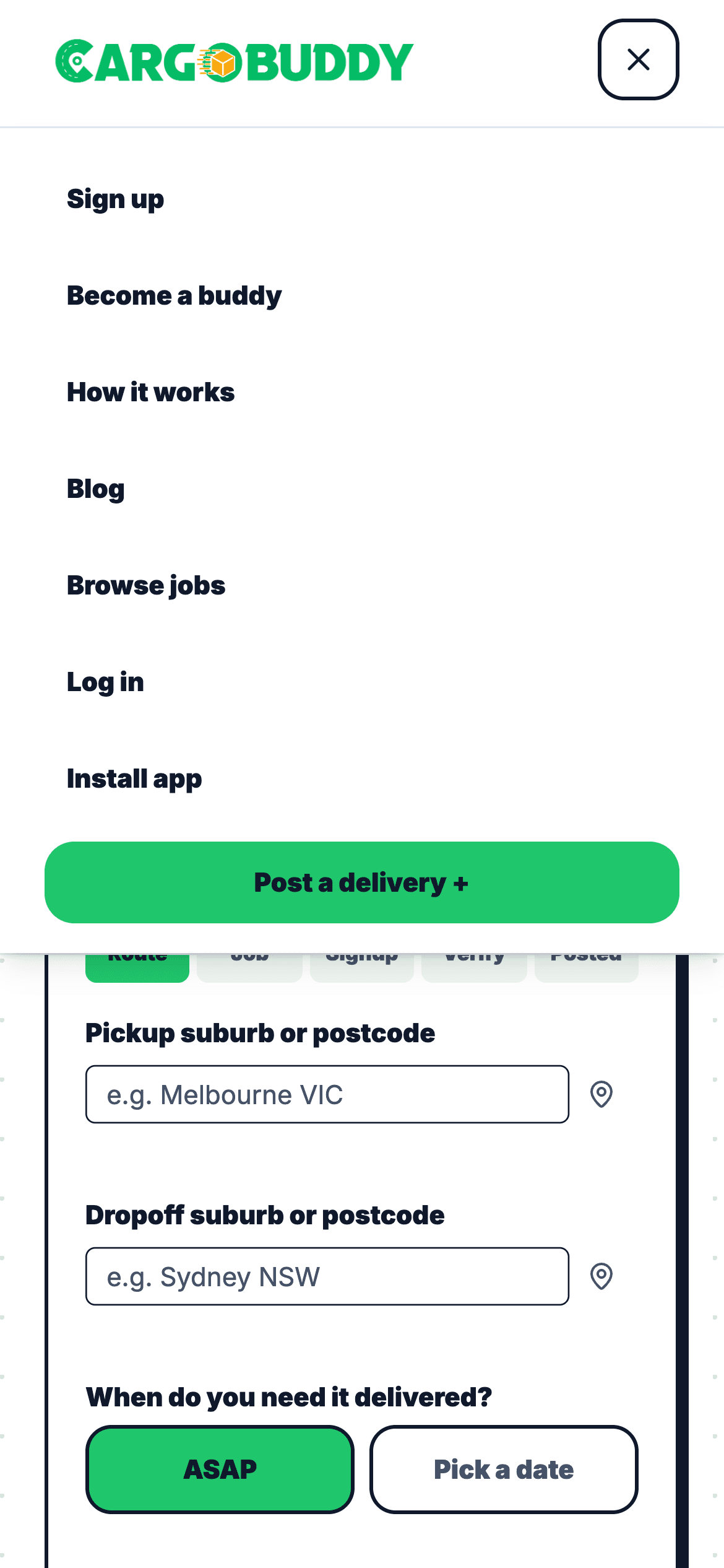 CargoBuddy menu open with the Install app option